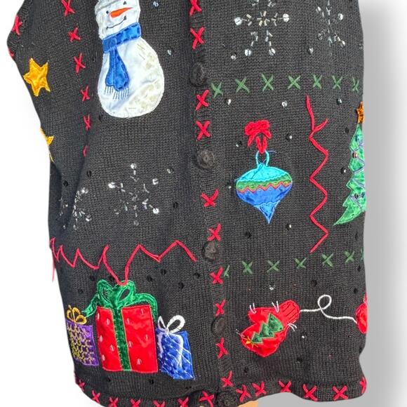 Vintage Holiday Sweater Black Embroidered Embellished Sequin Christmas Vest - Picture 4 of 14